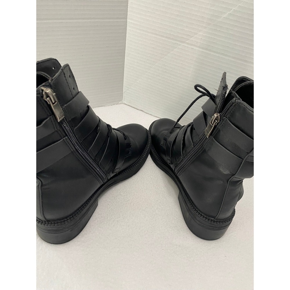 DKNY Combat Boots Women 6M Black Multi-Strap Buckle Moto Side Zip Lace Up Buckle - Picture 10 of 14